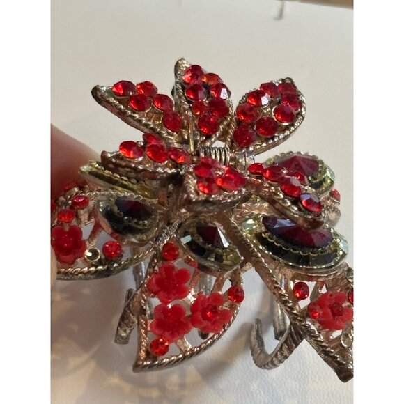 Large Floral Hair Clip With Red Rhinestones & Metal**note missing rhinestone - Picture 9 of 10